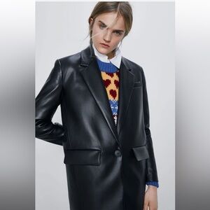 Zara Black Single Breasted Leather Blazer